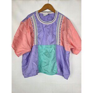 Vintage 70s 80s Saint Germain Paris Colorful Short Sleeve Top Windbreaker Blouse